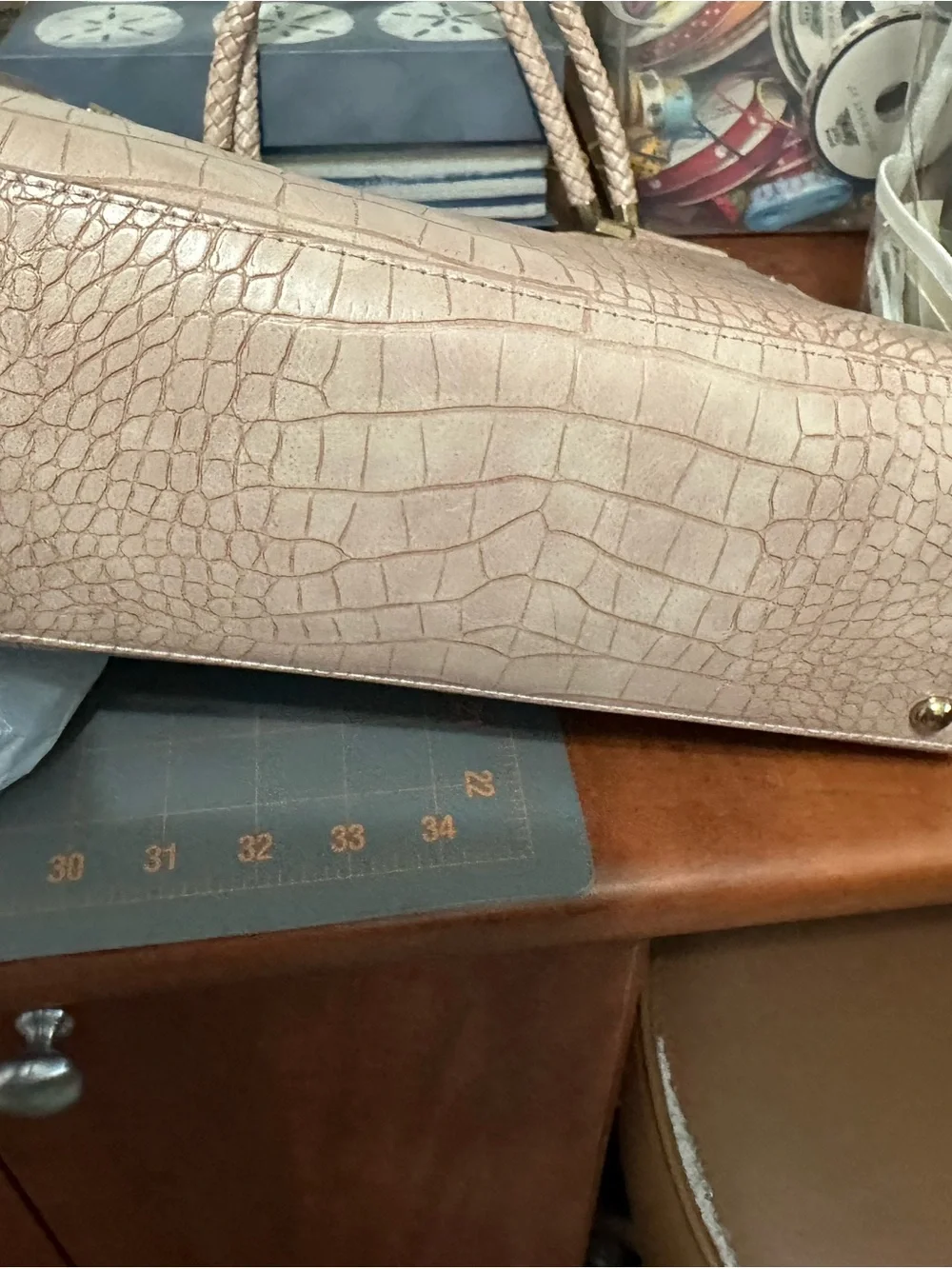 Bebe Los Angeles Light Pink Croc-Embossed Satchel with Braided Handles
